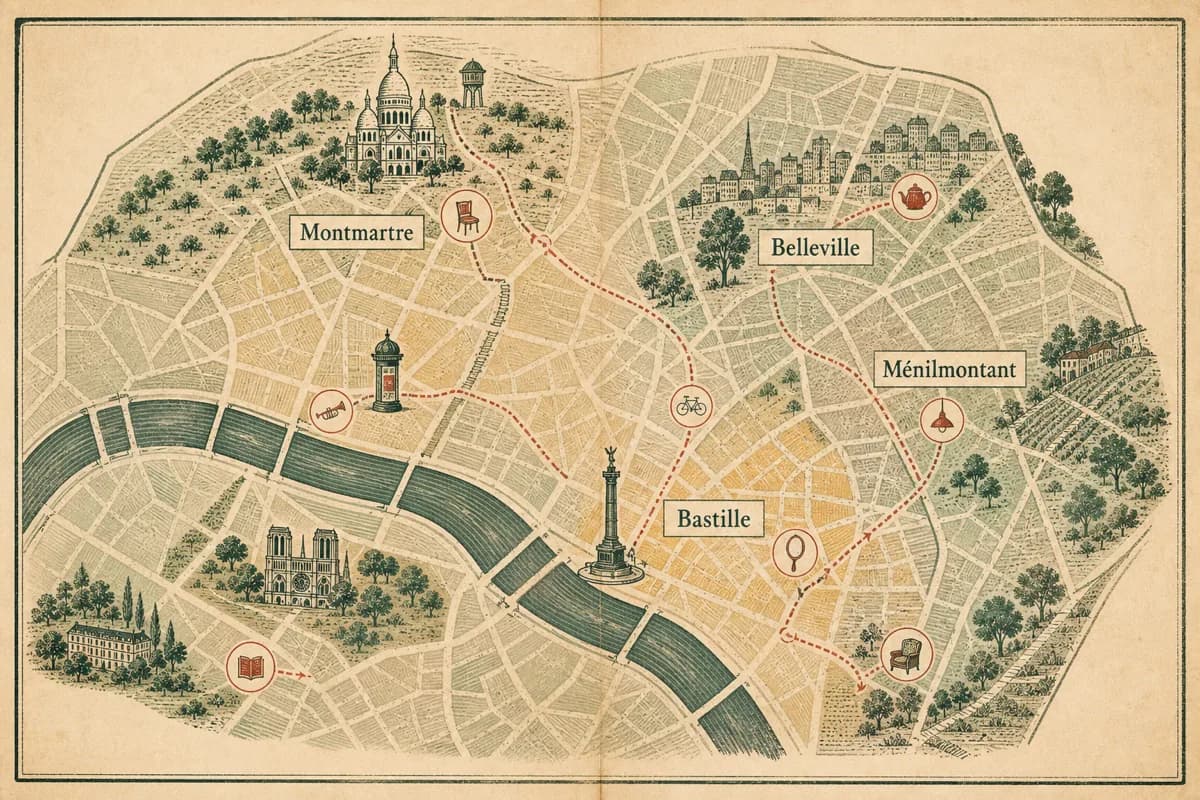 Plan illustré de Paris reliant Montmartre, Belleville, Ménilmontant et Bastille par un itinéraire de chinage