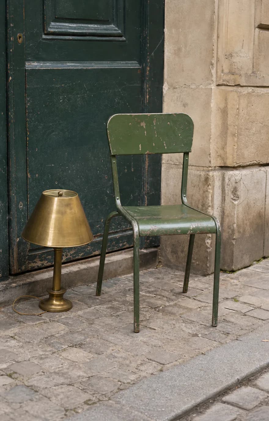 Chaise et lampe abandonnées devant une porte parisienne