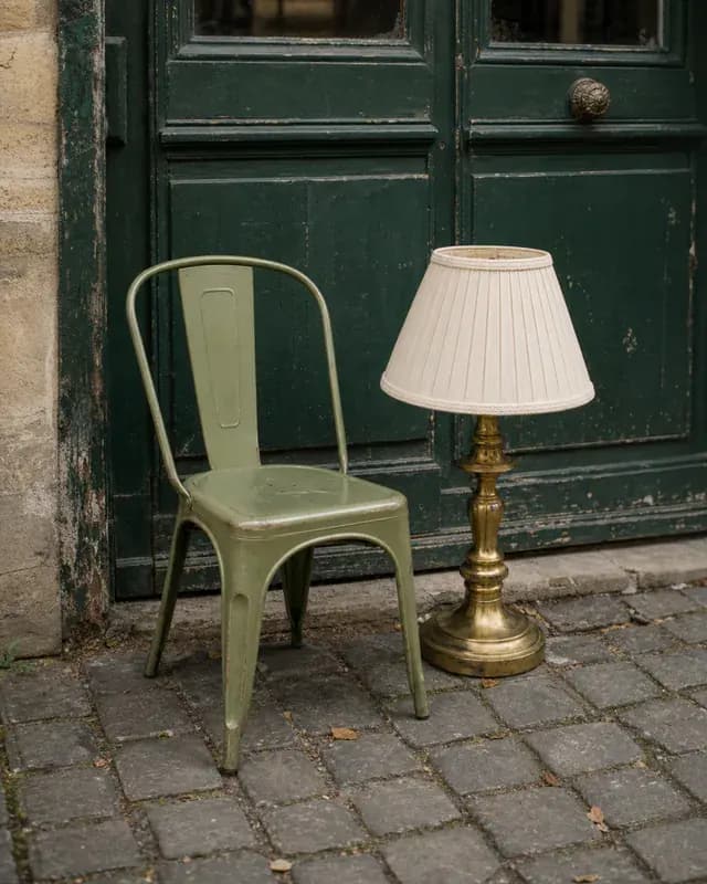 Chaise vintage et lampe trouvées sur un trottoir parisien
